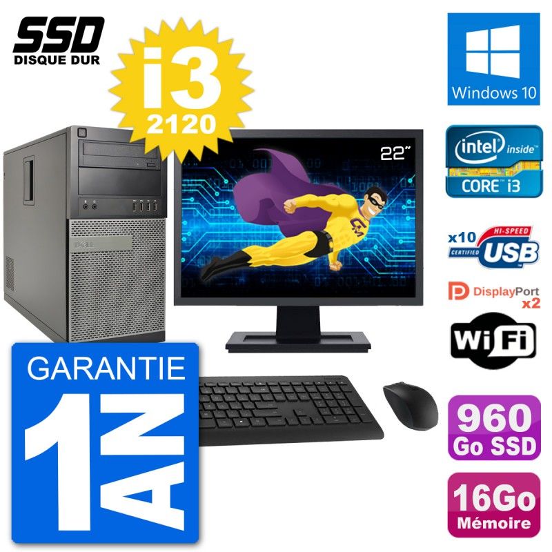 Dell Optiplex 7010 Desktop PC - 22" Screen, Intel i3-2120, 16GB RAM, 960GB SSD, Windows 10, WiFi