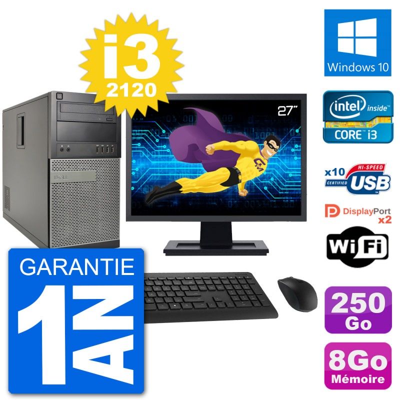 Dell Optiplex 7010 Desktop PC - 27" Screen, Intel i3-2120, 8GB RAM, 250GB HDD, Windows 10, WiFi
