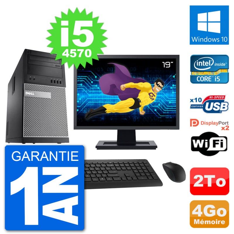 Ordinateur de bureau Dell Optiplex 9020, écran 19 pouces, processeur Intel i5-4570, 4 Go de RAM, disque dur 2 To, Windows 10, WiFi