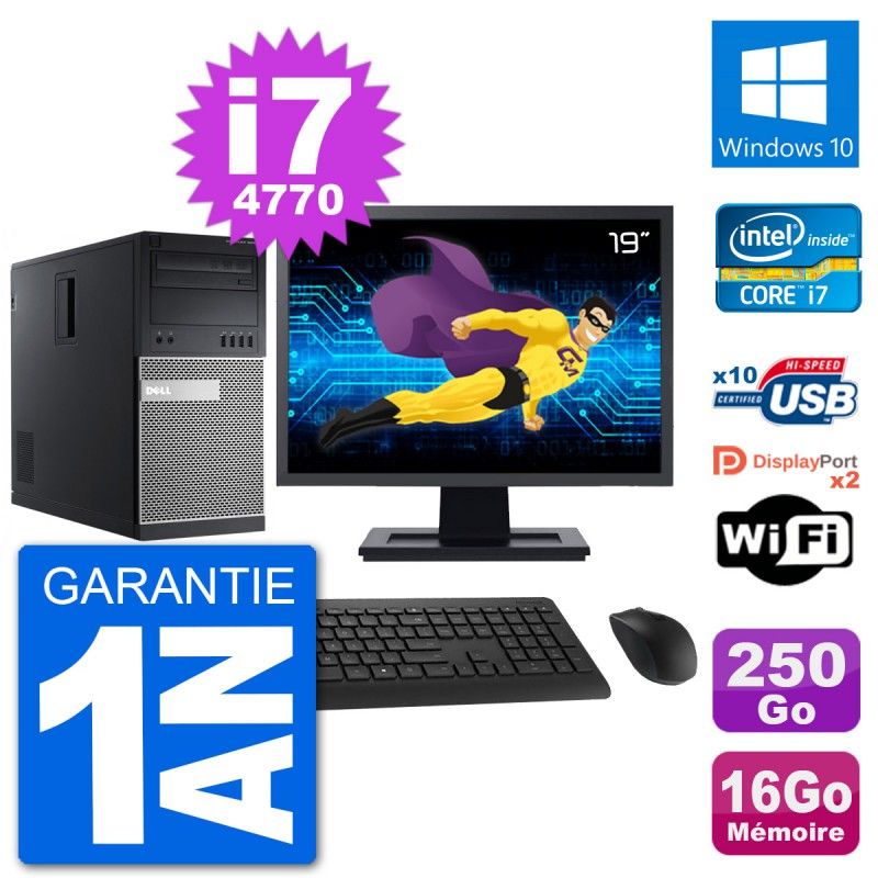 Dell Optiplex 9020 Desktop Computer, 19" Screen, Intel i7-4770, 16GB RAM, 250GB SSD, Windows 10, WiFi