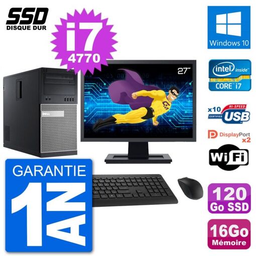 PC de escritorio Dell Optiplex 9020 - Pantalla de 27', Intel i7-4770, 16GB de RAM, 120GB SSD, Windows 10, WiFi