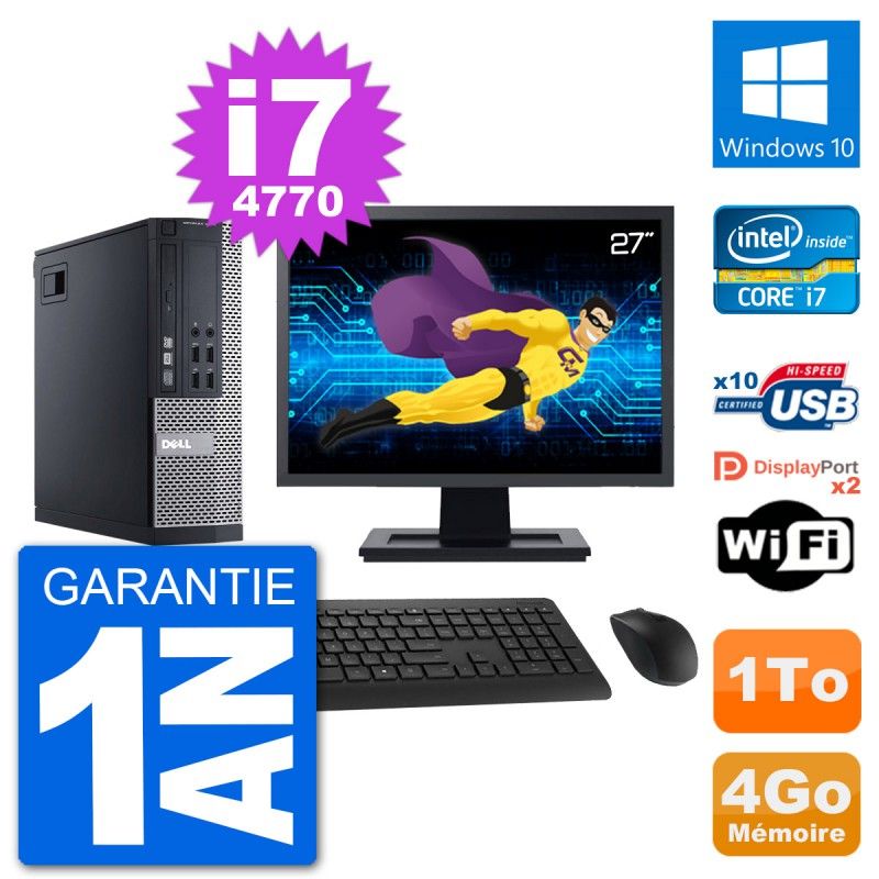 Ordinateur Dell Optiplex 9020 SFF - Écran 27", Intel i7-4770, 4 Go de RAM, 1 To HDD, Windows 10, WiFi