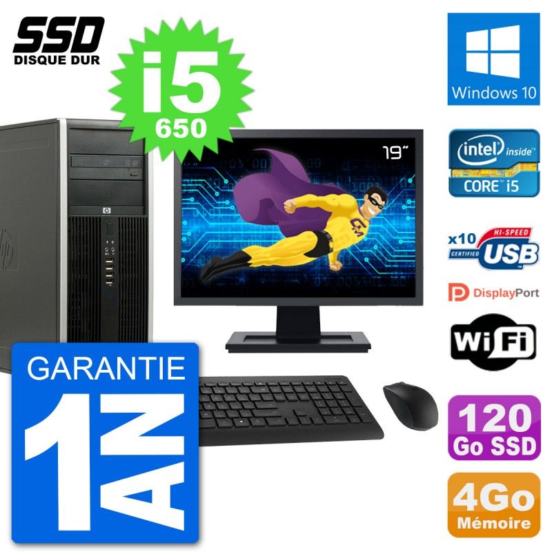 HP 8100 Elite Desktop Computer, 19" Screen, Intel Core i5-650, 4GB RAM, 120GB SSD, Windows 10, WiFi
