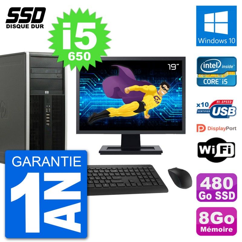 HP 8100 Elite Desktop PC - 19" Screen, Intel Core i5-650, 8GB RAM, 480GB SSD, Windows 10, WiFi