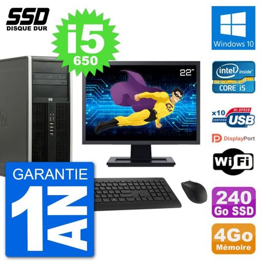 PC de escritorio HP 8100 Elite - Pantalla de 22', Procesador Intel Core i5-650, 4GB de RAM, 240GB SSD, Windows 10