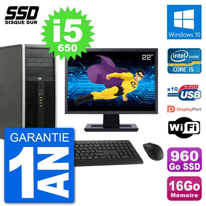 HP 8100 Elite PC - 22" Screen, Intel Core i5-650, 16GB RAM, 960GB SSD, Windows 10, WiFi