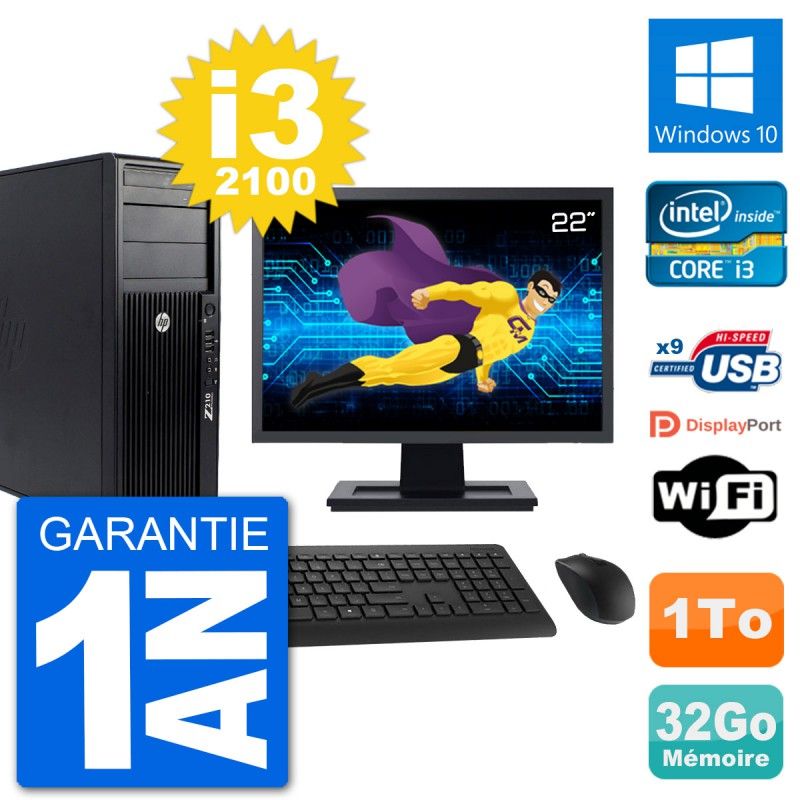 HP Z210 Workstation PC - 22" Screen, Intel i3-2100, 32GB RAM, 1TB HDD, Windows 10, WiFi