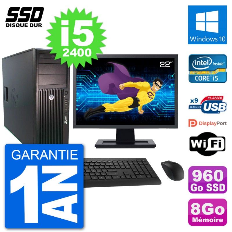HP Z210 Workstation Computer - 22" Screen, Intel i5-2400, 8GB RAM, 960GB SSD, Windows 10, WiFi