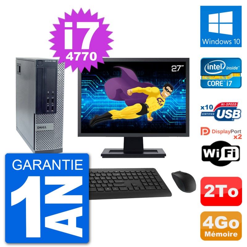 Dell Optiplex 7020 SFF Desktop PC - 27" Screen, Intel i7-4770, 4GB RAM, 2TB HDD, Windows 10, WiFi