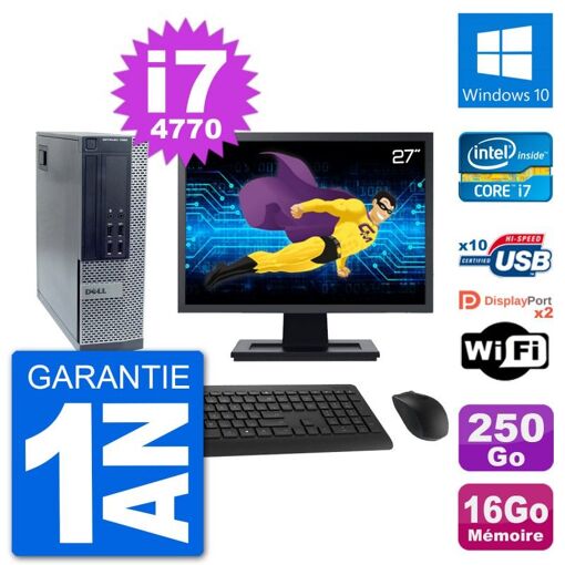 Computadora Dell 7020 SFF - Pantalla de 27", Intel i7-4770, 16 GB RAM, 250 GB HDD, Windows 10, WiFi