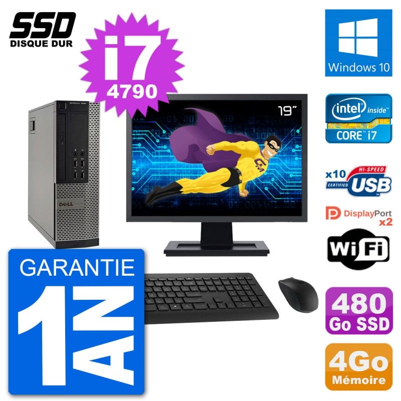 Dell Optiplex 7020 SFF Computer - 19" Screen, Intel i7-4790, 4GB RAM, 480GB SSD, Windows 10, WiFi