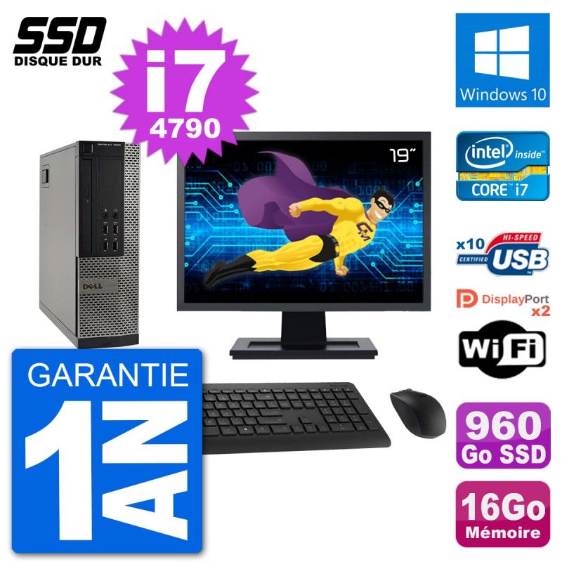Dell Optiplex 7020 SFF Computer - 19" Screen, Intel i7-4790, 16GB RAM, 960GB SSD, Windows 10, WiFi