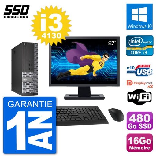 Computadora Dell Optiplex 7020 SFF - Pantalla de 27", Procesador Intel i3-4130, 16 GB de RAM, SSD de 480 GB, Windows 10, Wifi