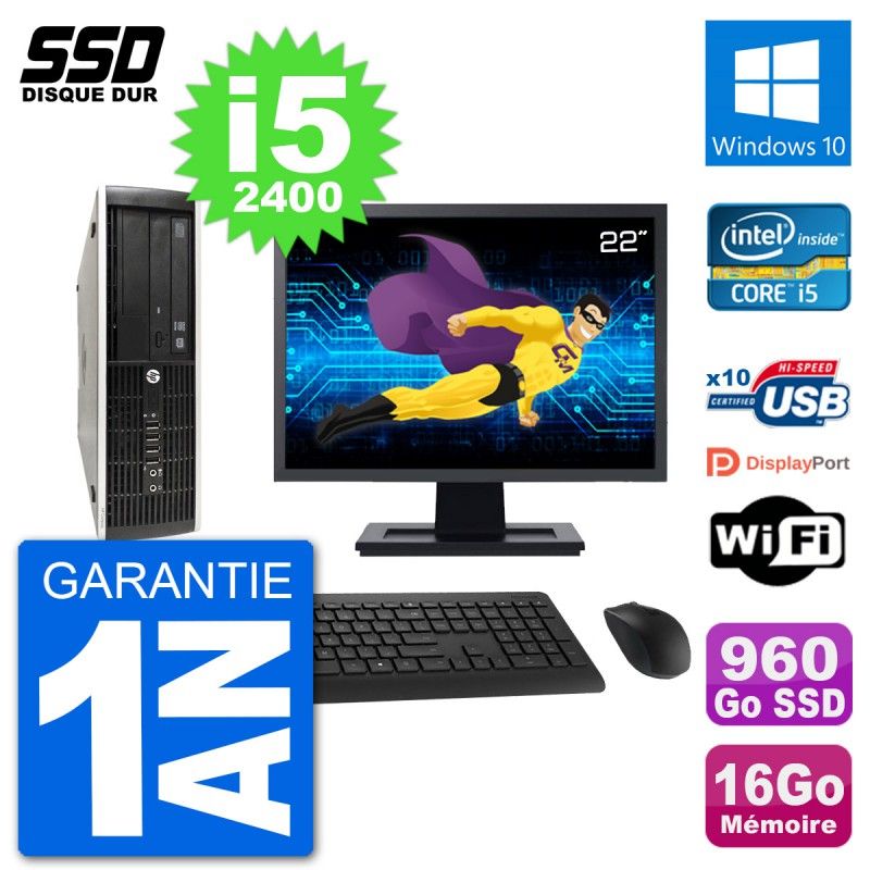 HP Compaq Pro 6300 SFF Desktop PC | 22' Screen | i5-2400 | 16GB RAM | 960GB SSD | Windows 10 | WiFi