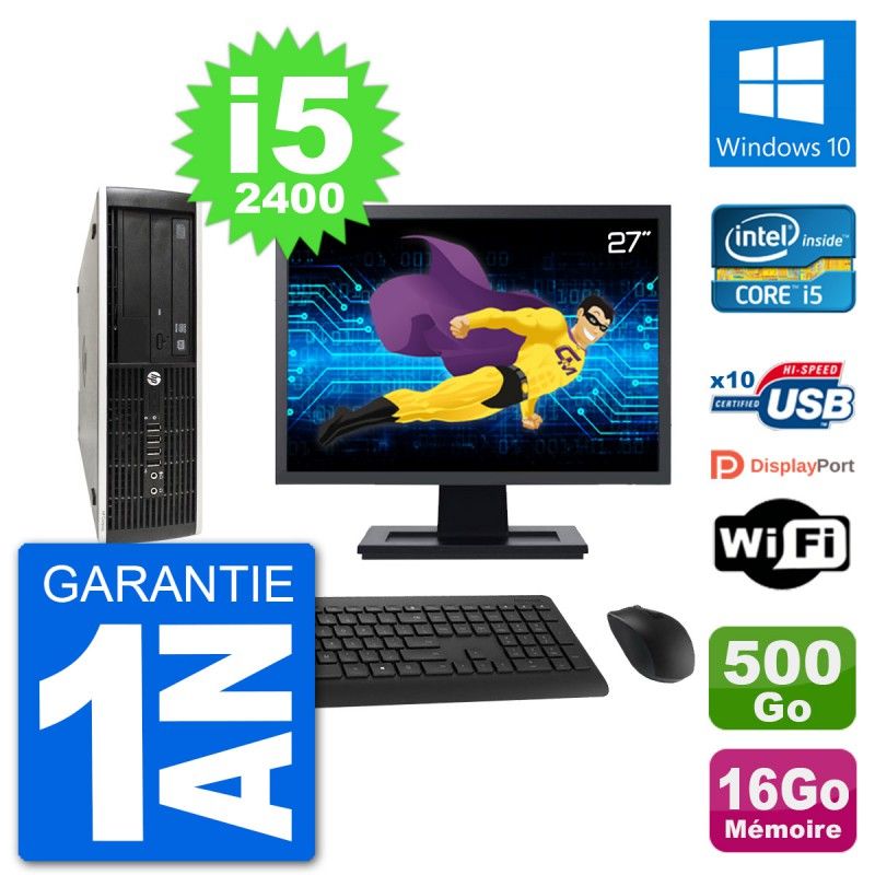 HP Compaq Pro 6300 SFF Desktop PC - 27" Screen, Intel i5-2400, 16GB RAM, 500GB HDD, Windows 10, WiFi