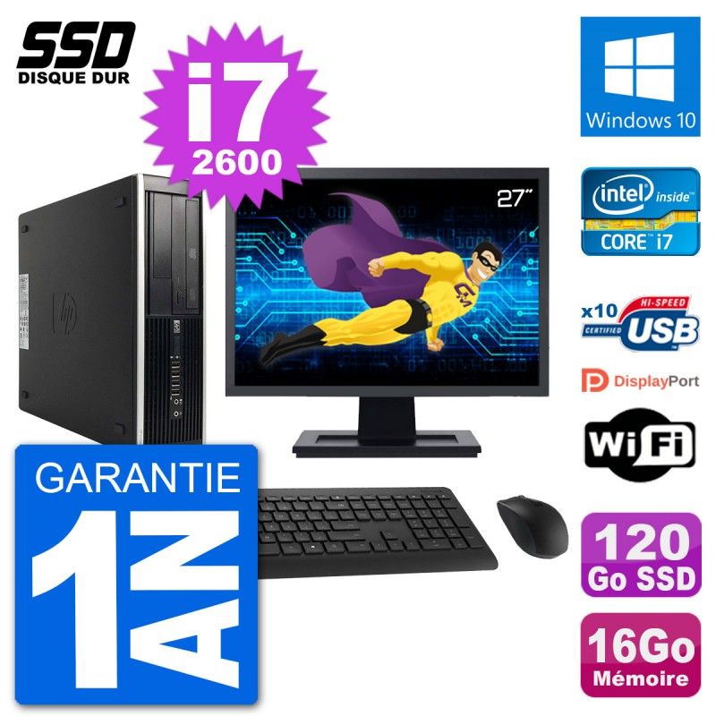 HP Compaq Pro 6300 SFF Desktop PC - 27" Screen, i7-2600, 16GB RAM, 120GB SSD, Windows 10, Wifi