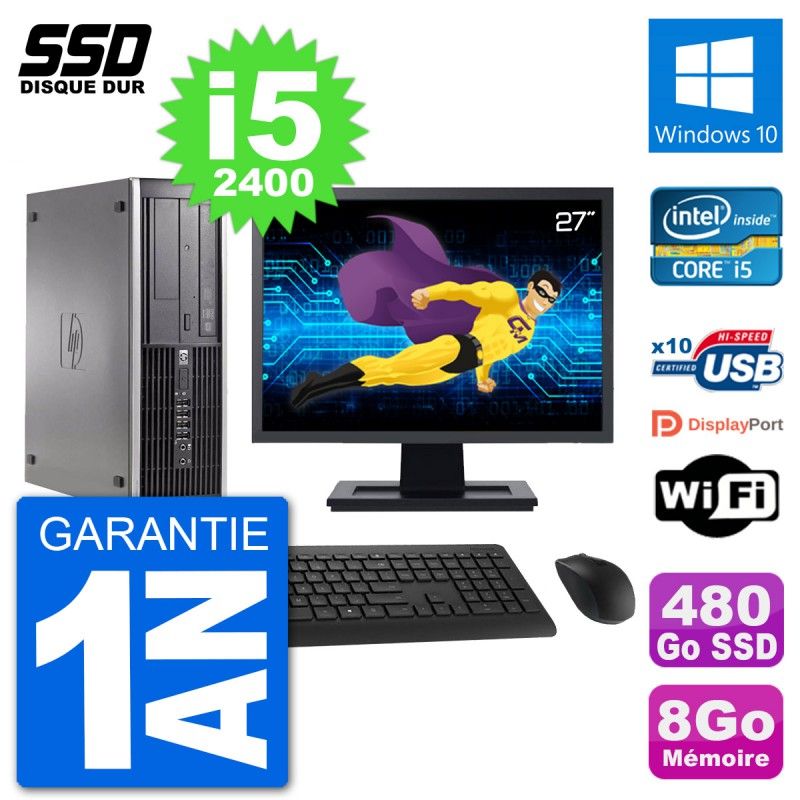 HP Compaq 6200 Pro SFF Desktop Computer - 27" Screen, i5-2400, 8GB RAM, 480GB SSD, Windows 10, WiFi