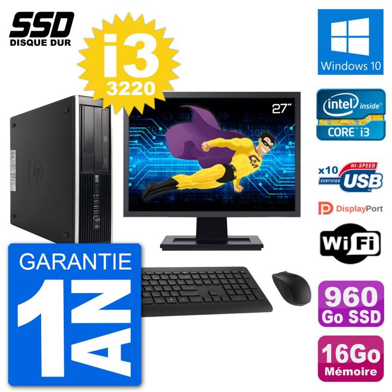 HP Compaq Pro 6300 SFF Desktop PC - 27" Screen, i3-3220, 16GB RAM, 960GB SSD, Windows 10, WiFi