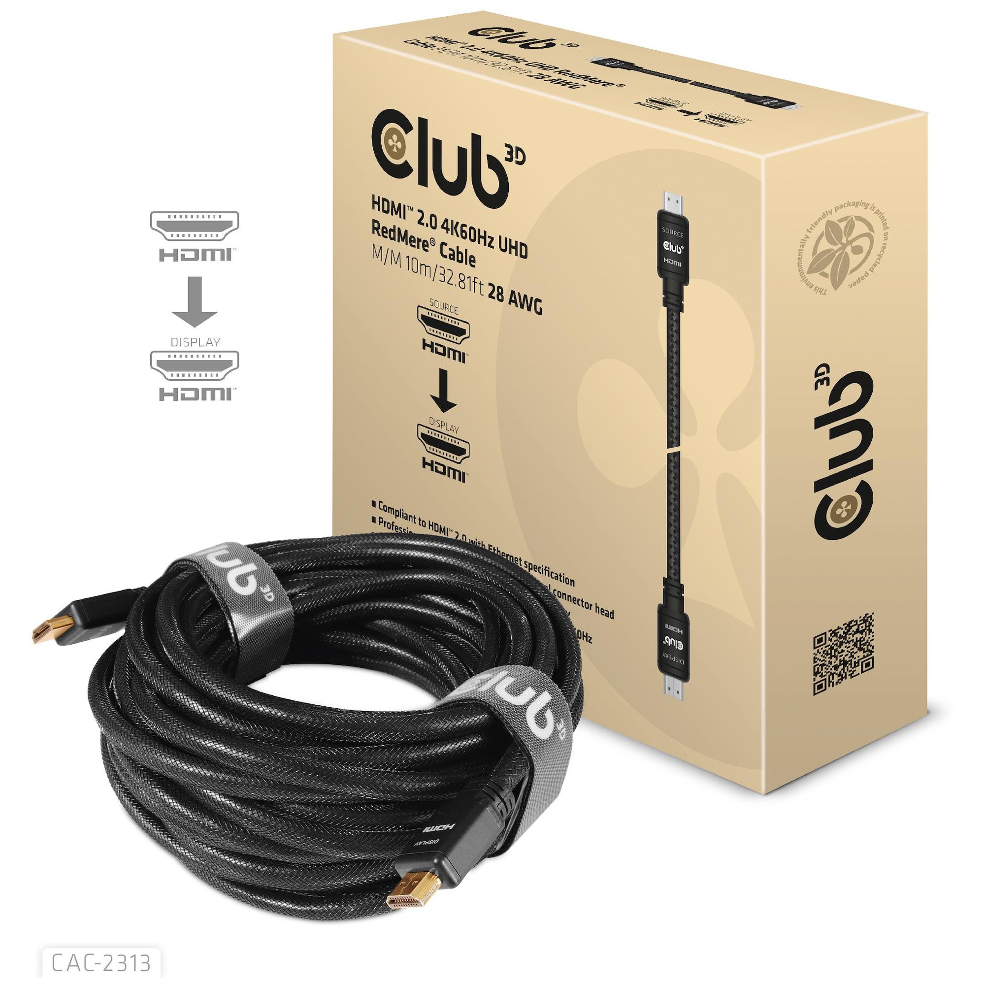 Club 3D RedMere Active HDMI & Ethernet Cable - 10m, Male to Male, 4K Support