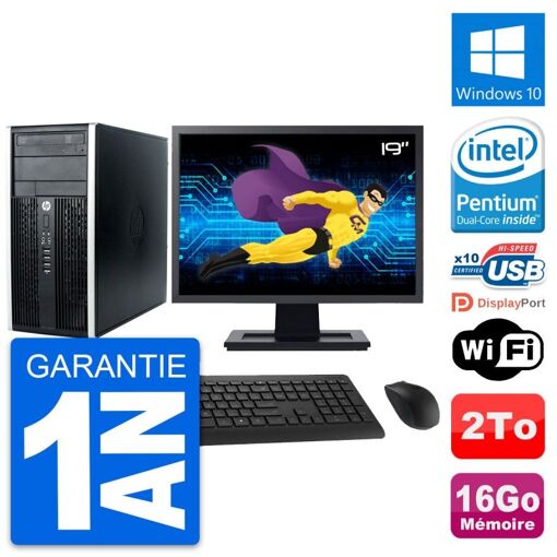 PC de sobremesa HP Compaq Pro 6300 CMT - Pantalla de 19'', Procesador Intel Pentium Dual-Core G630, 16 GB de RAM, Disco duro de 2 TB, Windows 10, WiFi