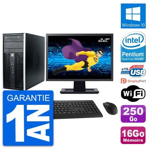 PC de escritorio HP Compaq Pro 6300 CMT - Pantalla de 22'', Procesador Intel Pentium G630, 16GB RAM, 250GB HDD, Windows 10, WiFi