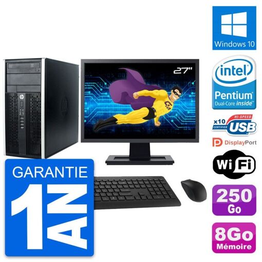 Computadora de escritorio HP Compaq Pro 6300 CMT - Pantalla de 27", Procesador Intel Pentium G630 2.7 GHz, 8 GB de RAM, Disco duro de 250 GB, Windows 10, WiFi