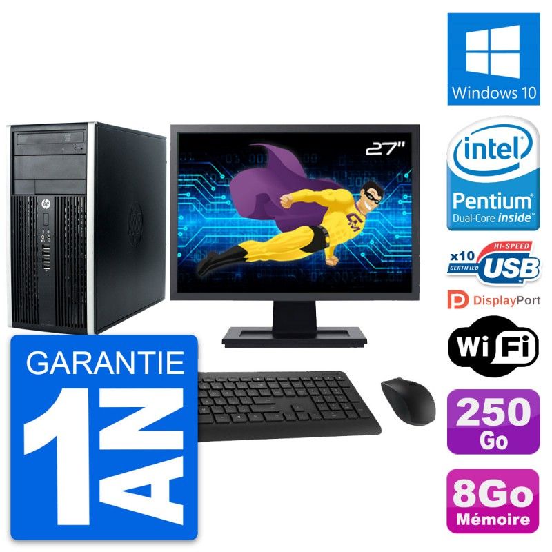 HP Compaq Pro 6300 CMT Desktop Computer - 27" Screen, Intel Pentium G630 2.7GHz, 8GB RAM, 250GB HDD, Windows 10, WiFi