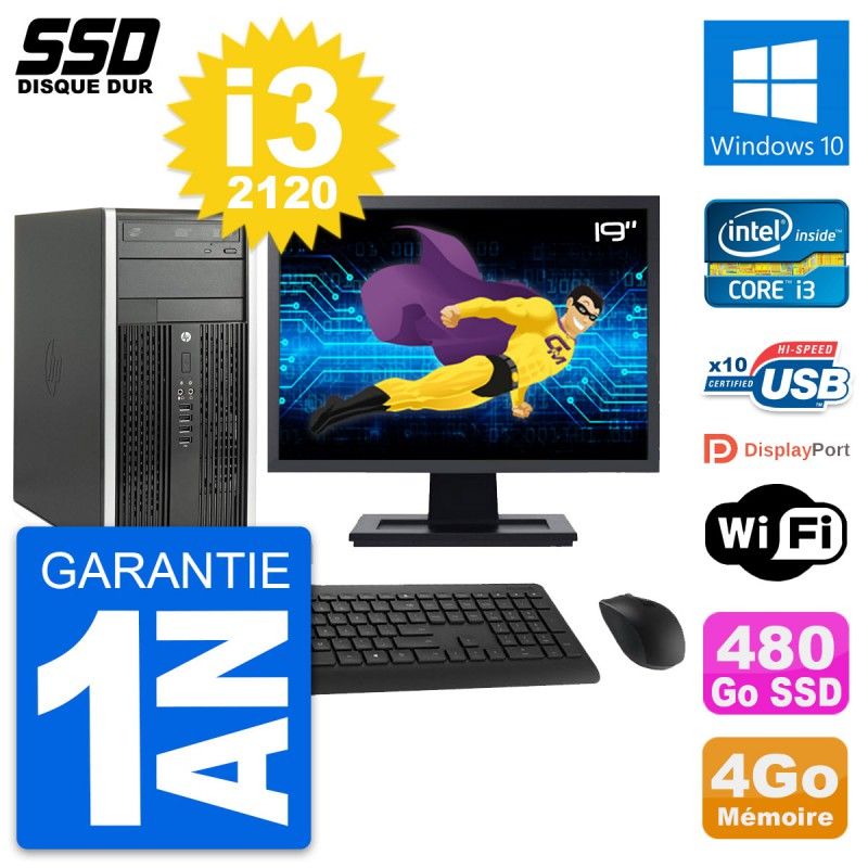 HP Compaq Pro 6300 Micro Tour PC - 19" Screen, Intel i3-2120, 4GB RAM, 480GB SSD, Windows 10, WiFi