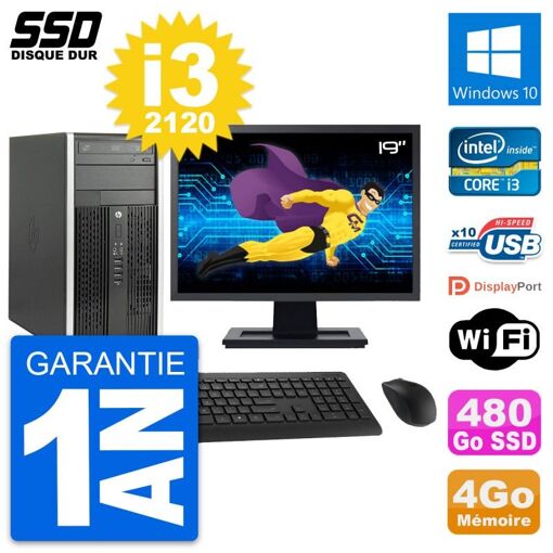 PC HP Compaq Pro 6300 Micro Tour - Pantalla de 19", Procesador Intel Core i3-2120, 4GB de RAM, Disco duro SSD de 480GB, Windows 10, WiFi