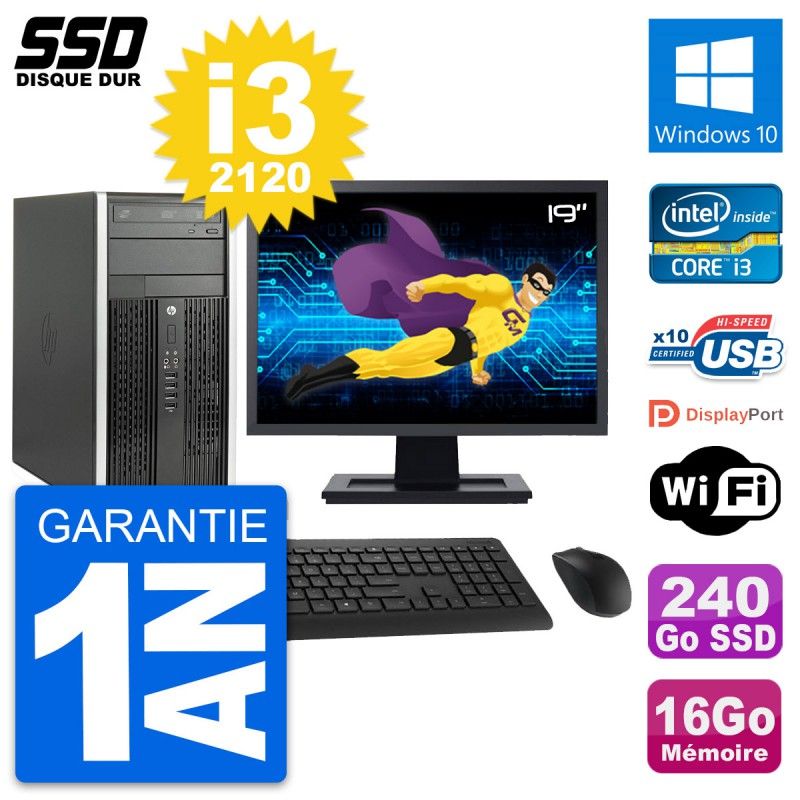 HP Compaq Pro 6300 CMT Desktop PC - 19" Screen, Intel i3-2120, 16GB RAM, 240GB SSD, Windows 10, WiFi