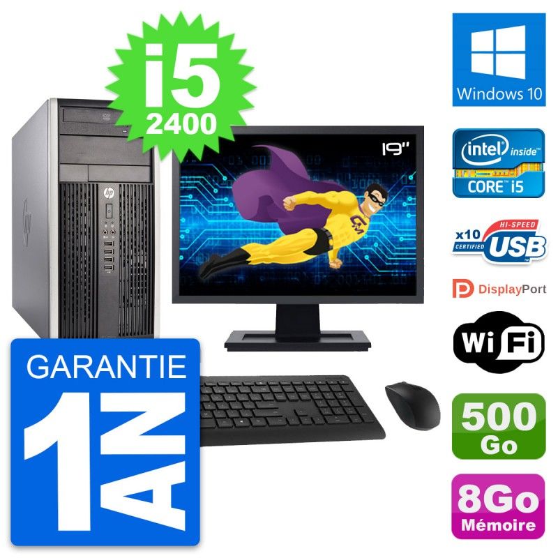 HP Compaq Pro 6300 CMT PC - 19" Screen, i5-2400, 8GB RAM, 500GB HDD, Windows 10, WiFi