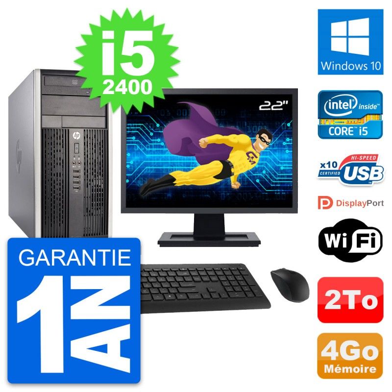 HP Compaq Pro 6300 CMT Desktop PC - 22" Screen, i5-2400, 4GB RAM, 2TB HDD, Windows 10, WiFi