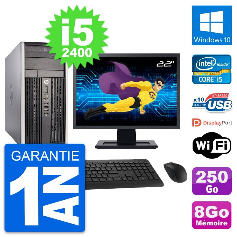 HP Compaq Pro 6300 CMT Desktop PC - 22" Screen, i5-2400, 8GB RAM, 250GB HDD, Windows 10, WiFi