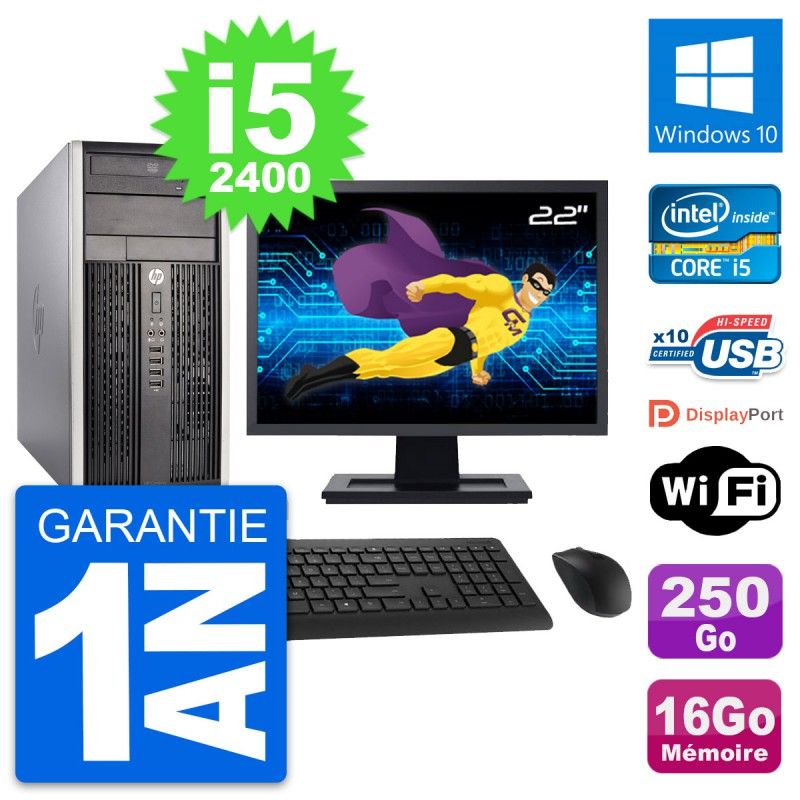 HP Compaq Pro 6300 CMT 22" Screen i5-2400 16GB RAM 250GB HDD Windows 10 WiFi PC