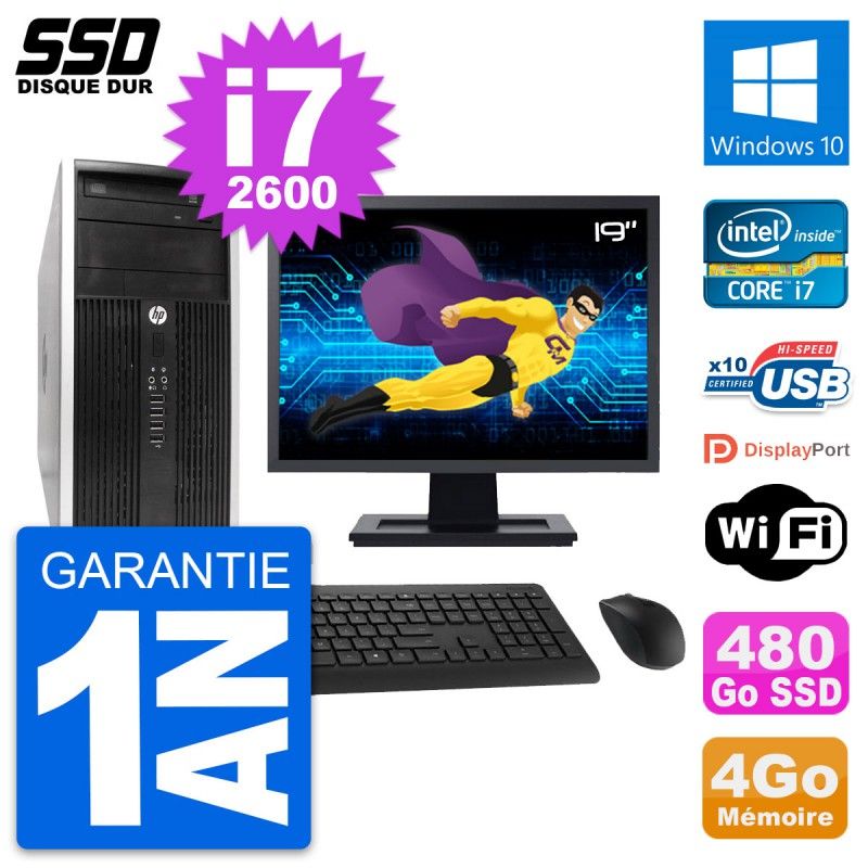 HP Compaq Pro 6300 CMT Desktop PC - 19" Screen, Intel i7-2600, 4GB RAM, 480GB SSD, Windows 10, Wifi