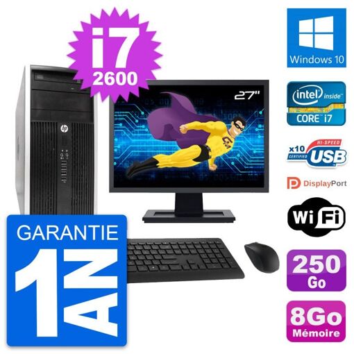 PC de escritorio HP Compaq Pro 6300 CMT - Pantalla de 27', Intel Core i7-2600, 8GB RAM, 250GB HDD, Windows 10, WiFi