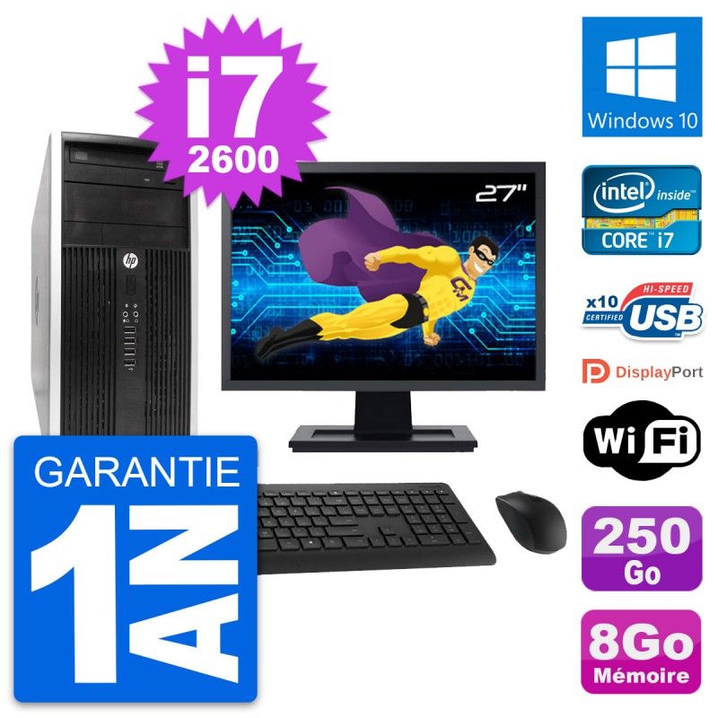 HP Compaq Pro 6300 CMT Desktop PC - 27" Screen, i7-2600, 8GB RAM, 250GB HDD, Windows 10, WiFi