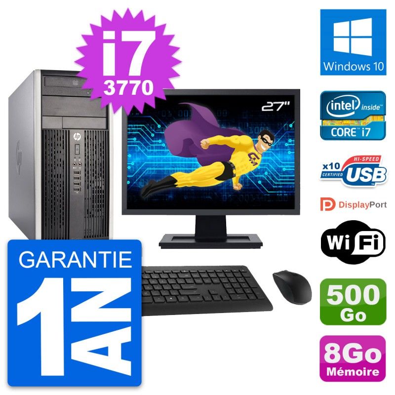 HP Compaq Pro 6300 CMT PC - 27" Screen, i7-3770, 8GB RAM, 500GB Hard Drive, Windows 10, WiFi