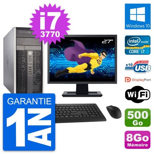 PC de sobremesa HP Compaq Pro 6300 CMT - Pantalla de 27'', Procesador Intel Core i7-3770, 8GB de RAM, Disco duro de 500GB, Windows 10, WiFi