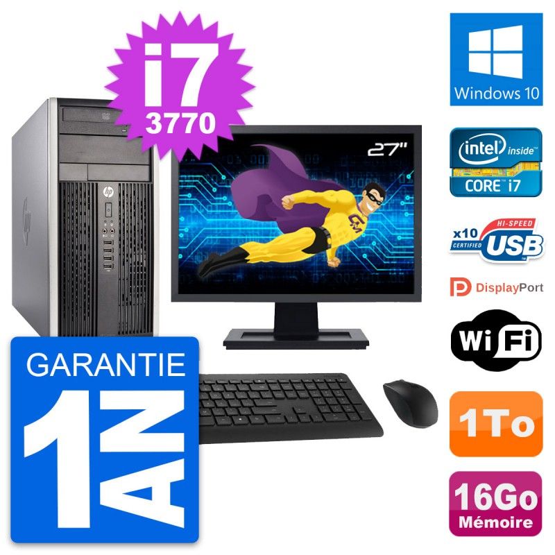 PC Tour HP Compaq Pro 6300 CMT - Pantalla de 27'', i7-3770, 16GB de RAM, 1TB HDD, Windows 10, WiFi