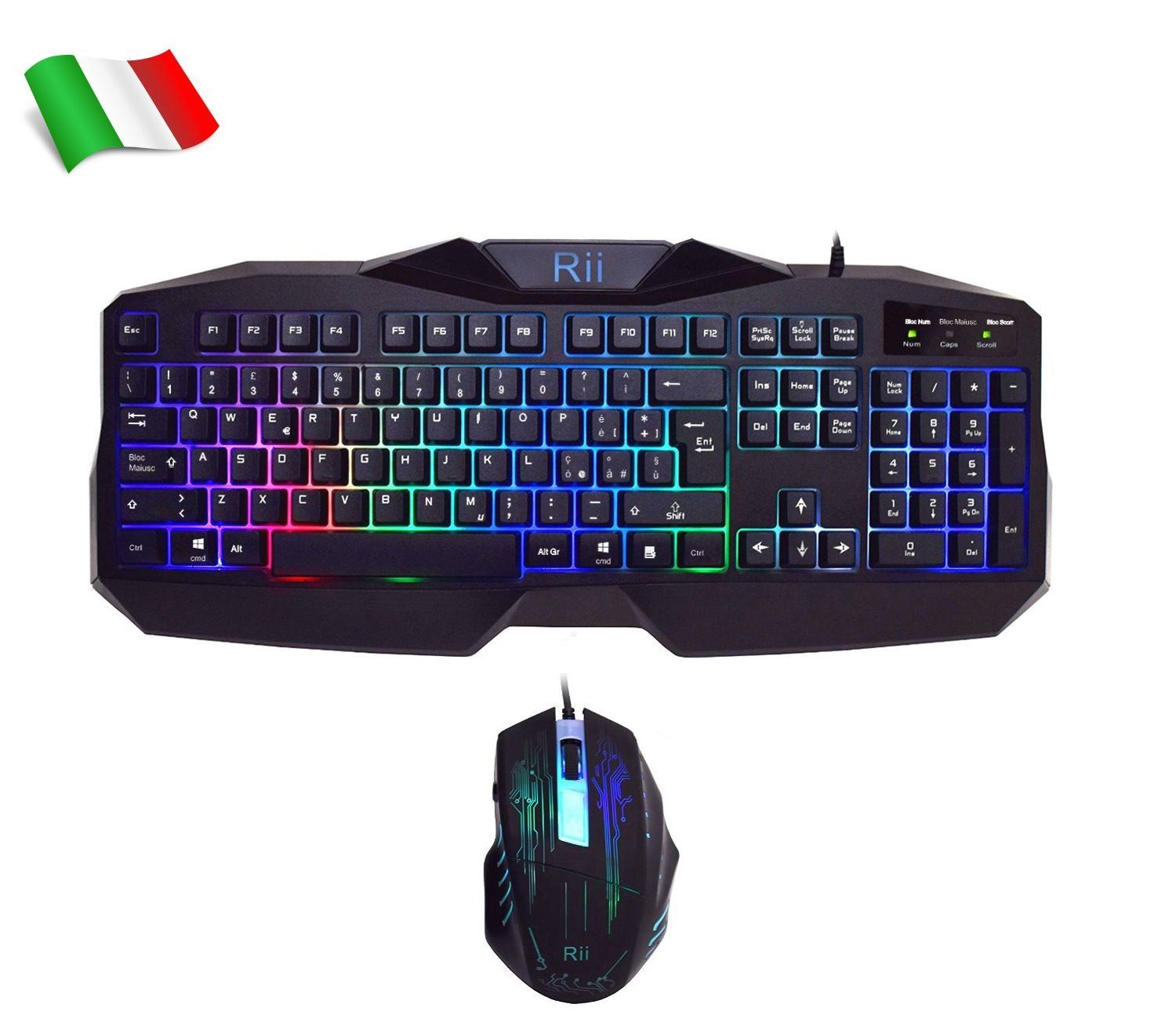 Rii Gaming RK400 - Italian Game Keyboard + 2000 DPI Gaming Mouse (7-Color LED Backlight)