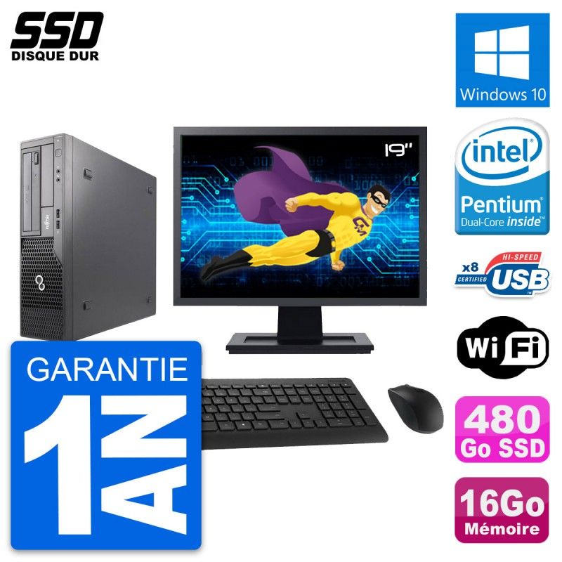 Fujitsu E500 E85+ DT 19-inch Screen, Intel G630, 16GB RAM, 480GB SSD, Windows 10, WiFi