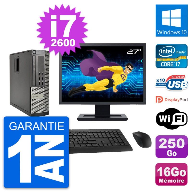 Dell Optiplex 990 SFF Computer - 27" Screen, Intel i7-2600, 16GB RAM, 250GB SSD, Windows 10, WiFi