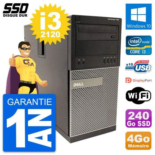 Ordinateur de bureau Dell OptiPlex 790 MT - Intel Core i3-2120, 4 Go de RAM, 240 Go SSD, Windows 10, Wi-Fi