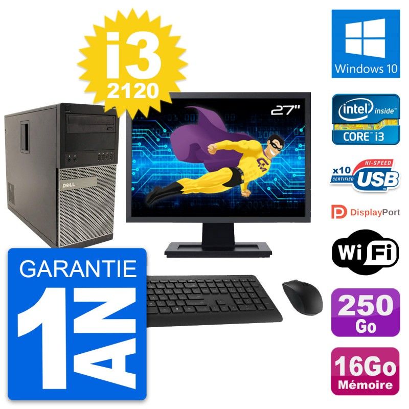 Dell Optiplex 790 MT Desktop PC - 27" Screen, Core i3-2120, 16GB RAM, 250GB HDD, Windows 10, WiFi