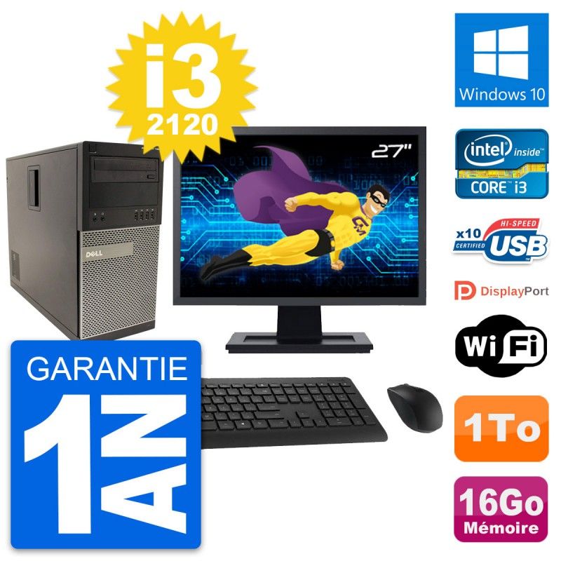 Dell Optiplex 790 MT Desktop PC - 27" Screen, Intel i3-2120, 16GB RAM, 1TB HDD, Windows 10, WiFi