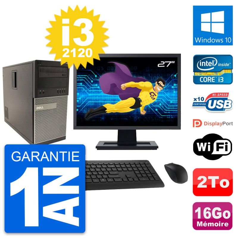 Dell Optiplex 790 MT Desktop Computer - 27" Screen, Intel i3-2120, 16GB RAM, 2TB HDD, Windows 10, WiFi