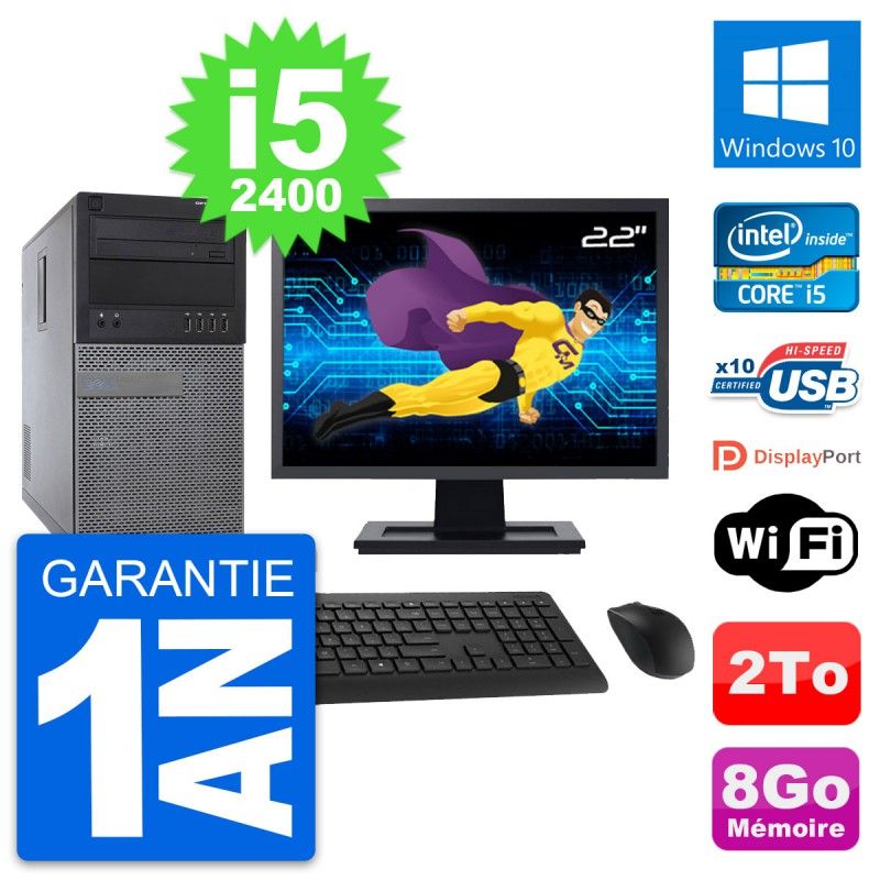 Dell Optiplex 790 MT Desktop PC - 22" Screen, Intel i5-2400, 8GB RAM, 2TB HDD, Windows 10, WiFi
