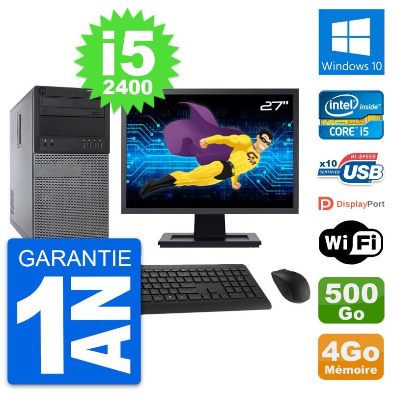 Dell Optiplex 790 MT Desktop PC - 27" Screen, Intel i5-2400, 4GB RAM, 500GB Hard Drive, Windows 10, WiFi