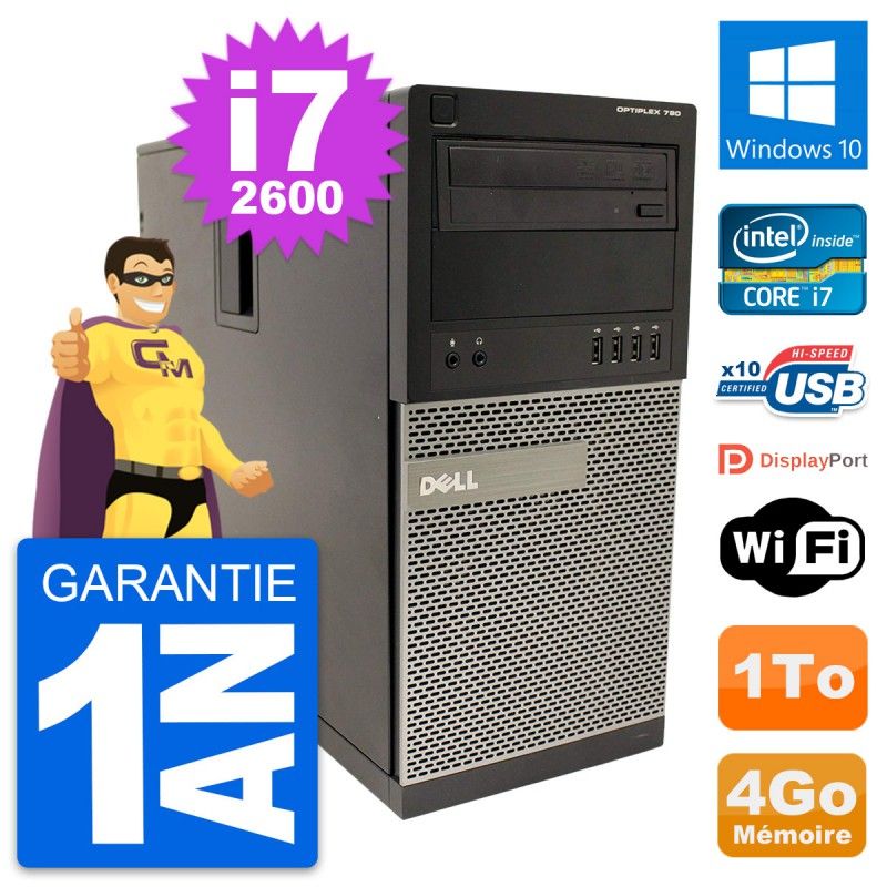 Dell OptiPlex 790 MT Desktop PC - Intel i7-2600, 4GB RAM, 1TB HDD, Windows 10, WiFi